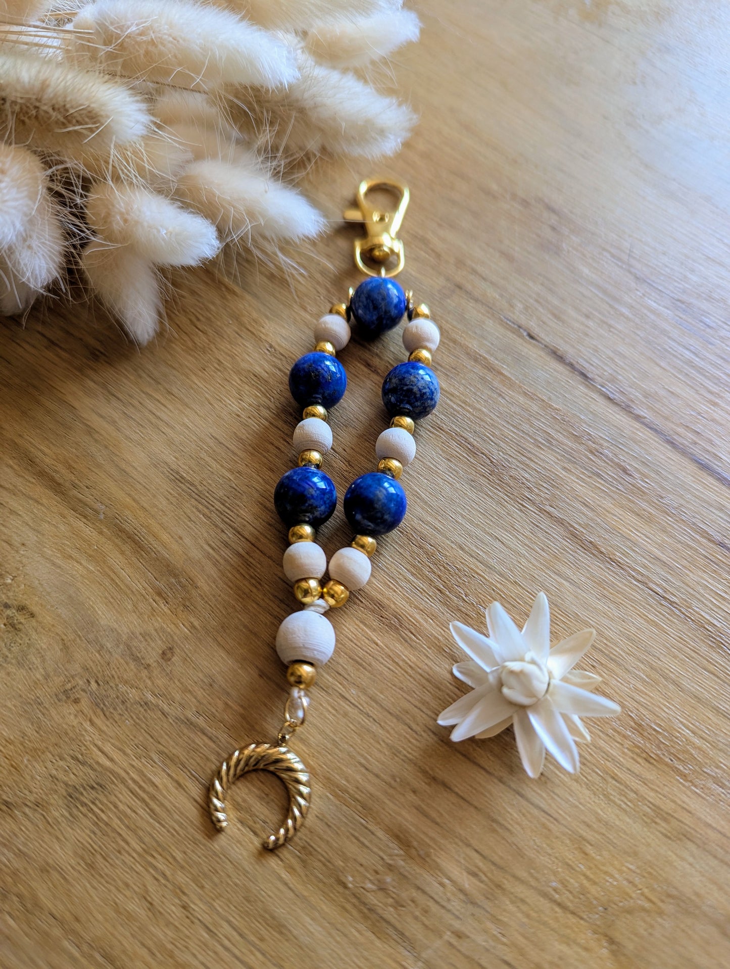 Talisman chapelet - Lapis Lazuli, Bois et pendentif lune