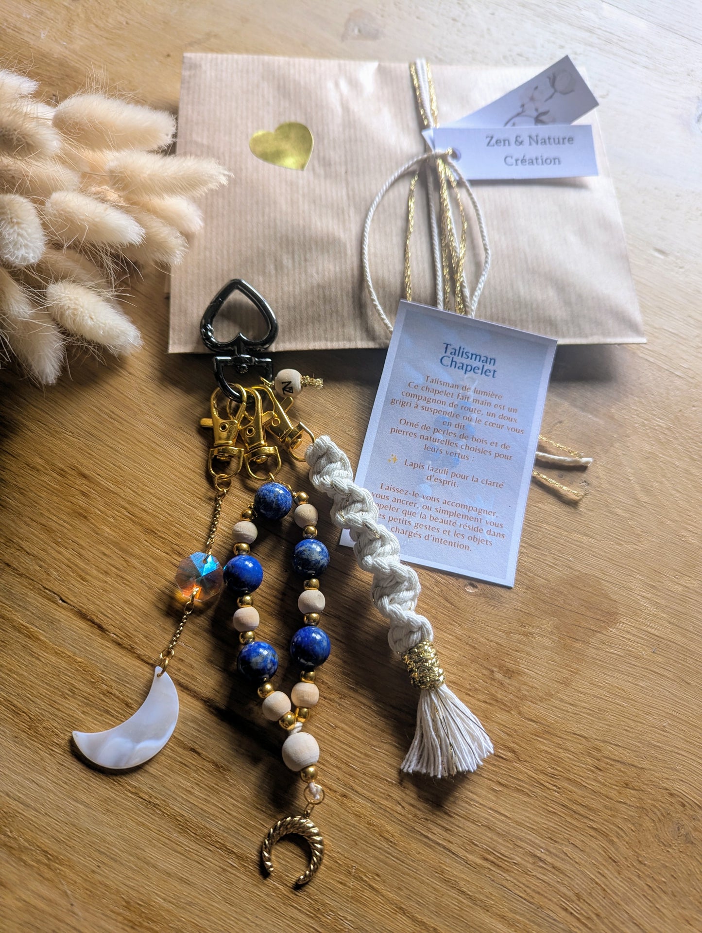 Talisman chapelet - Lapis Lazuli, Bois et pendentif lune