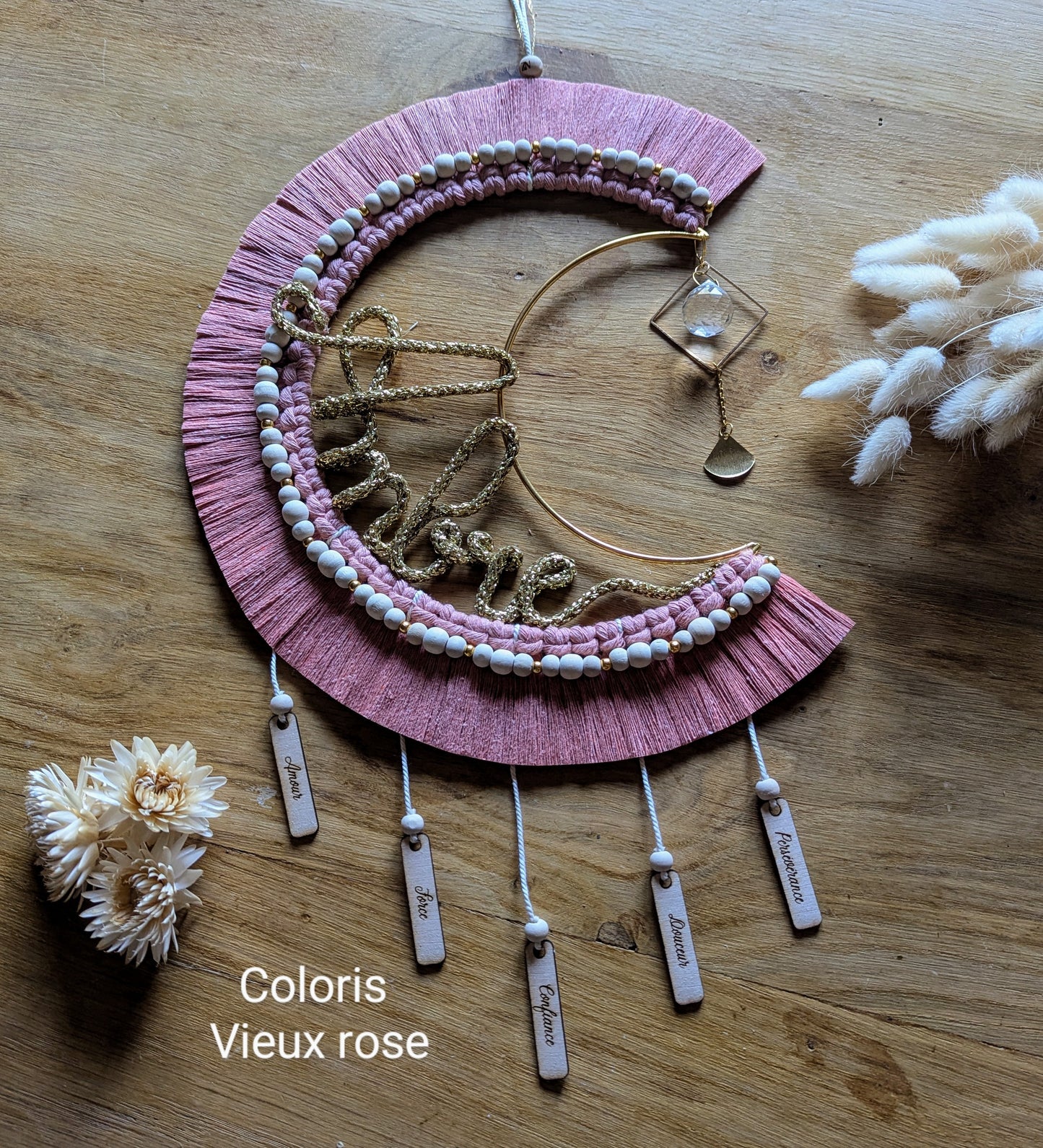 Suncatcher Attrape-soleil Lune personnalisée Intentions en macramé