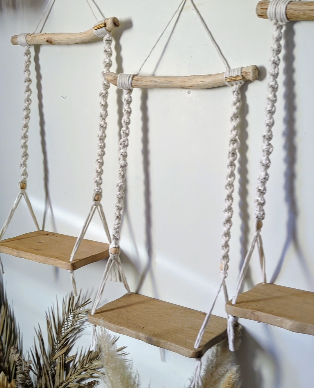 Étagère/Balançoire artisanale en macramé | Bois de chêne massif