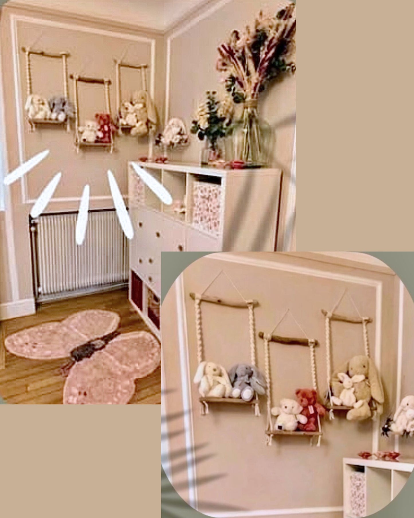 Balançoire à doudous décorative en macramé | Plateau chêne massif | Fabrication artisanale