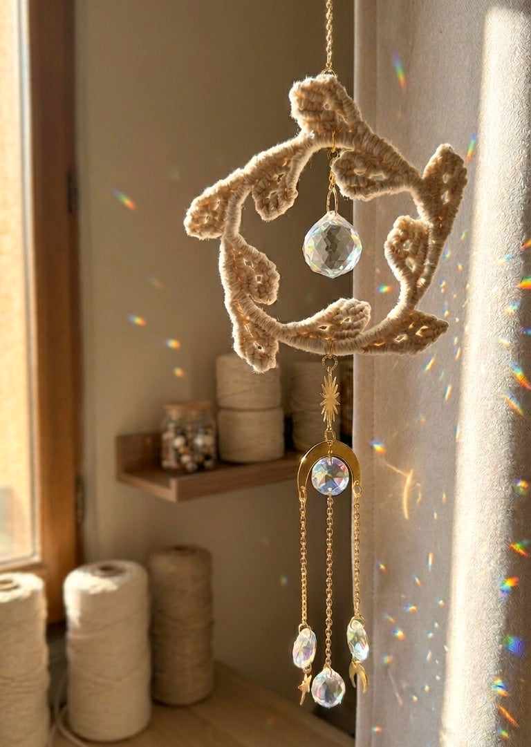 Attrape-Soleil Macramé à Prismes Effet Cristal | Déco Bohème Fait Main