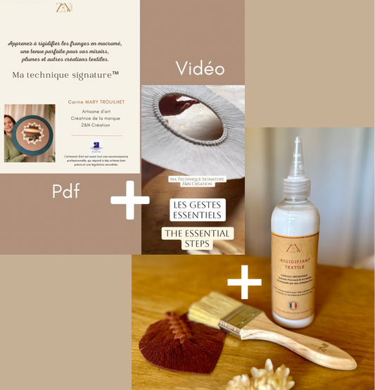 Pack « J’apprends à rigidifier mes franges en Macramé » Rigidifiant (200 ml) + Pinceau + Guide technique PDF & Vidéo