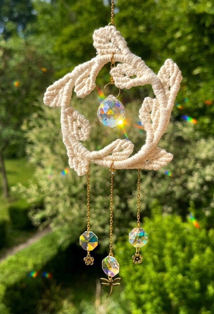 Attrape-soleil macramé en coton bio suspendu devant une fenêtre