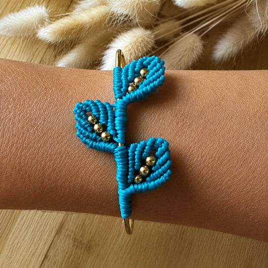 Bracelet jonc trois feuilles tissées micro-macramé turquoise et acier inoxydable 